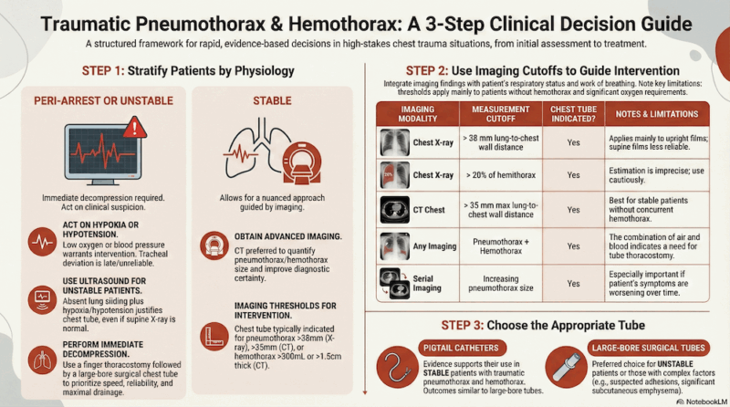 Traumatic Pneumothorax and Hemothorax risk stratification, imaging cut-offs and tube choice on EM Cases